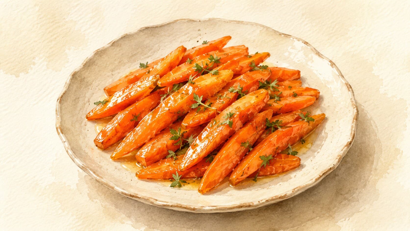 A vibrant watercolor illustration of glazed carrots served in a bowl.