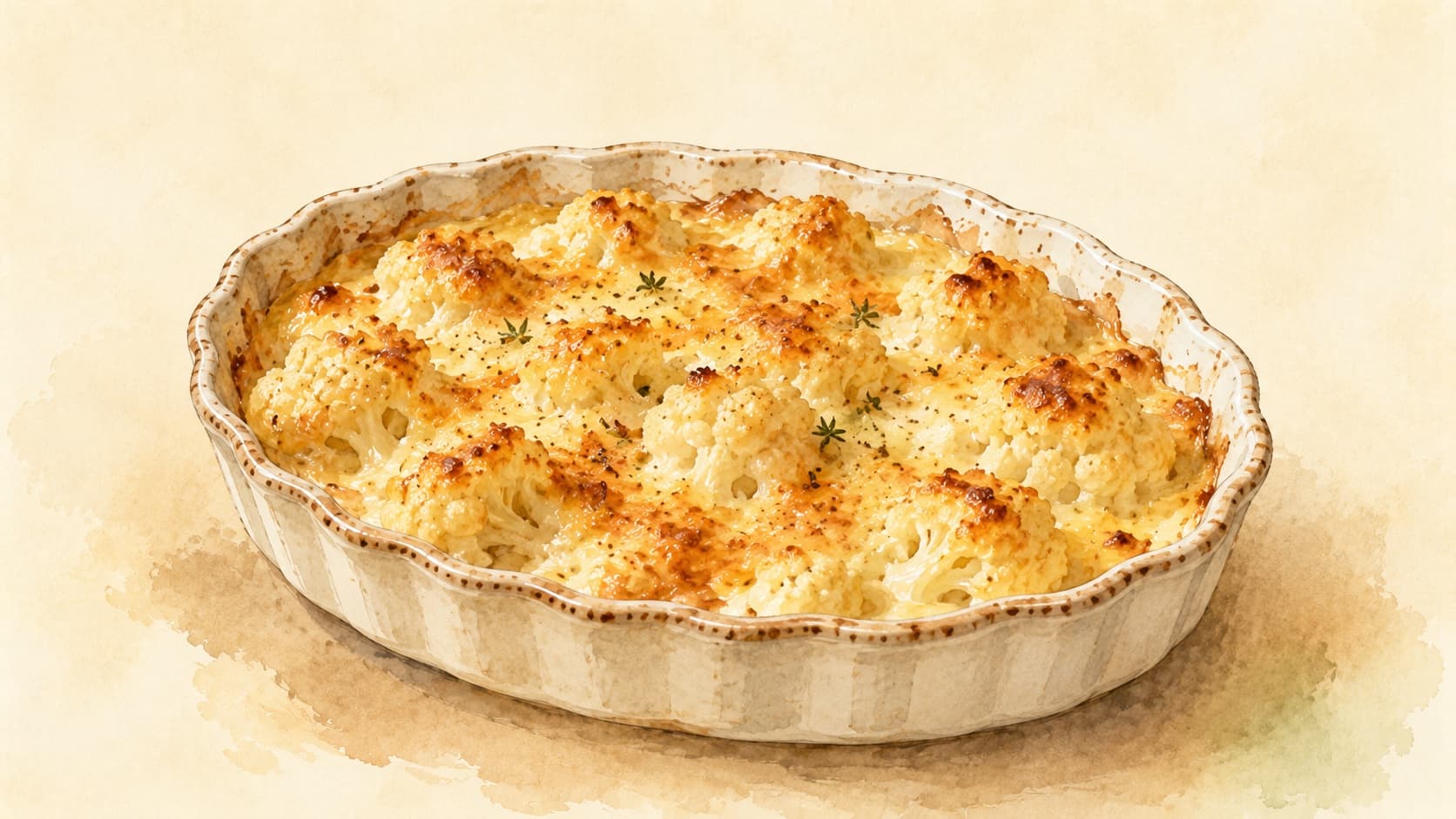 A beautifully baked cauliflower gratin with a golden crust, garnished with fresh herbs.