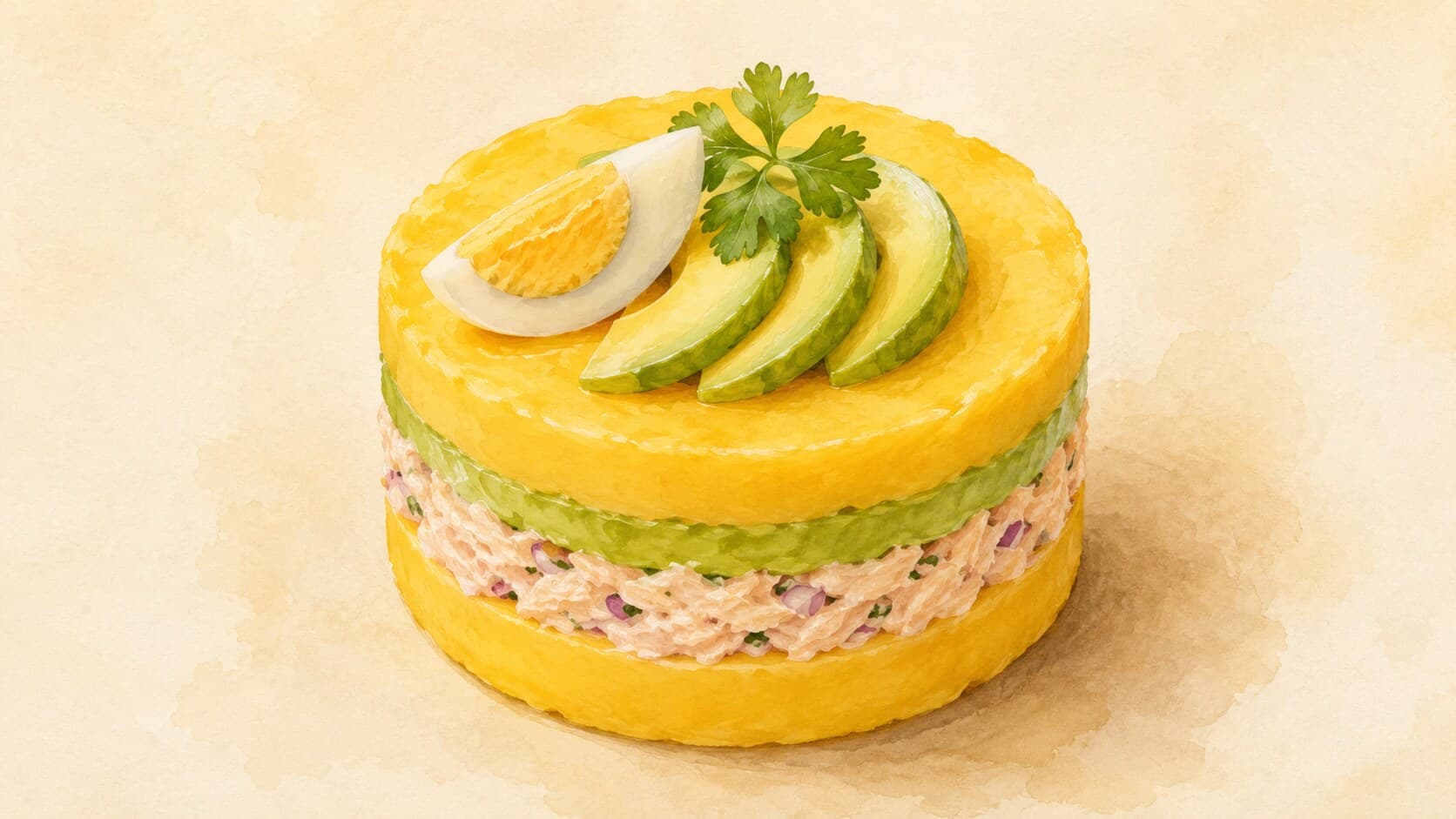 A cylindrical layered terrine of Causa Limeña with bright yellow potato, white filling, and garnished with olive and egg slices.