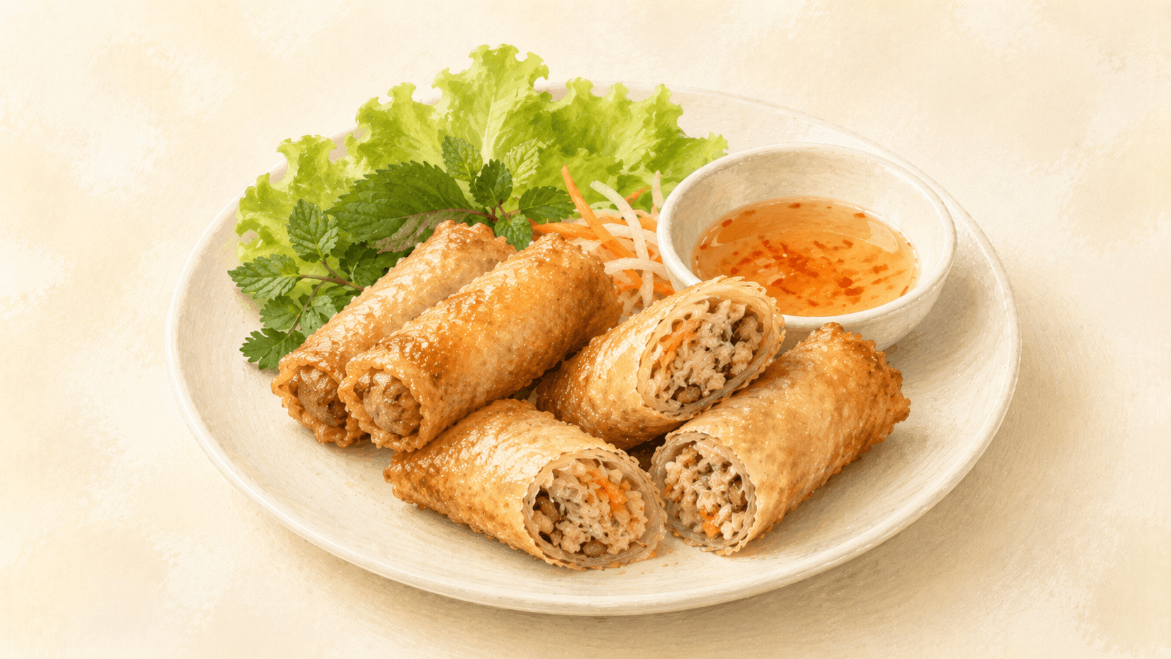 Six golden-brown fried spring rolls arranged on a small plate, visibly crisp and thin-shelled, with a small bowl of amber dipping sauce and fresh lettuce leaves beside them
