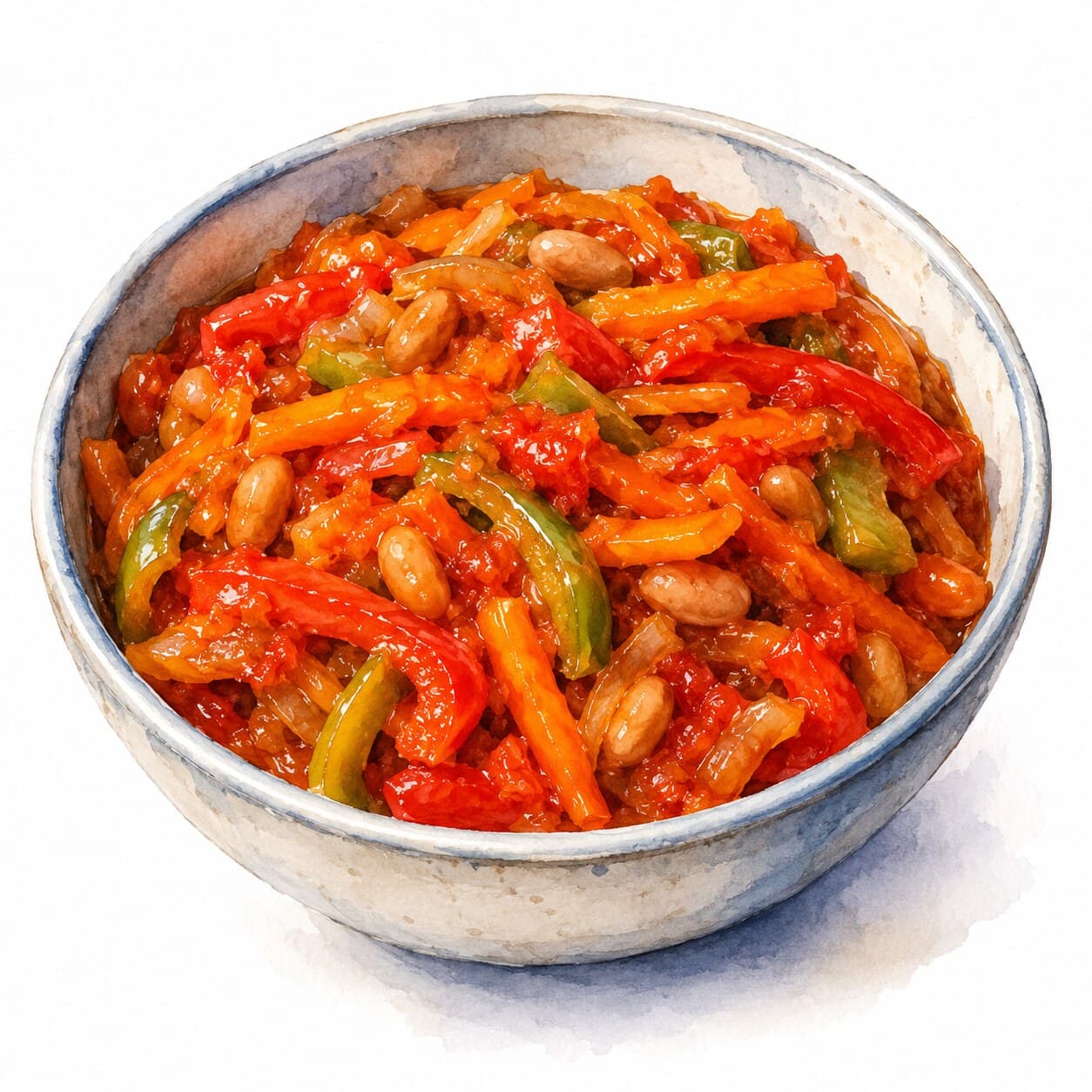 A vibrant bowl of chakalaka featuring colorful vegetables and baked beans.
