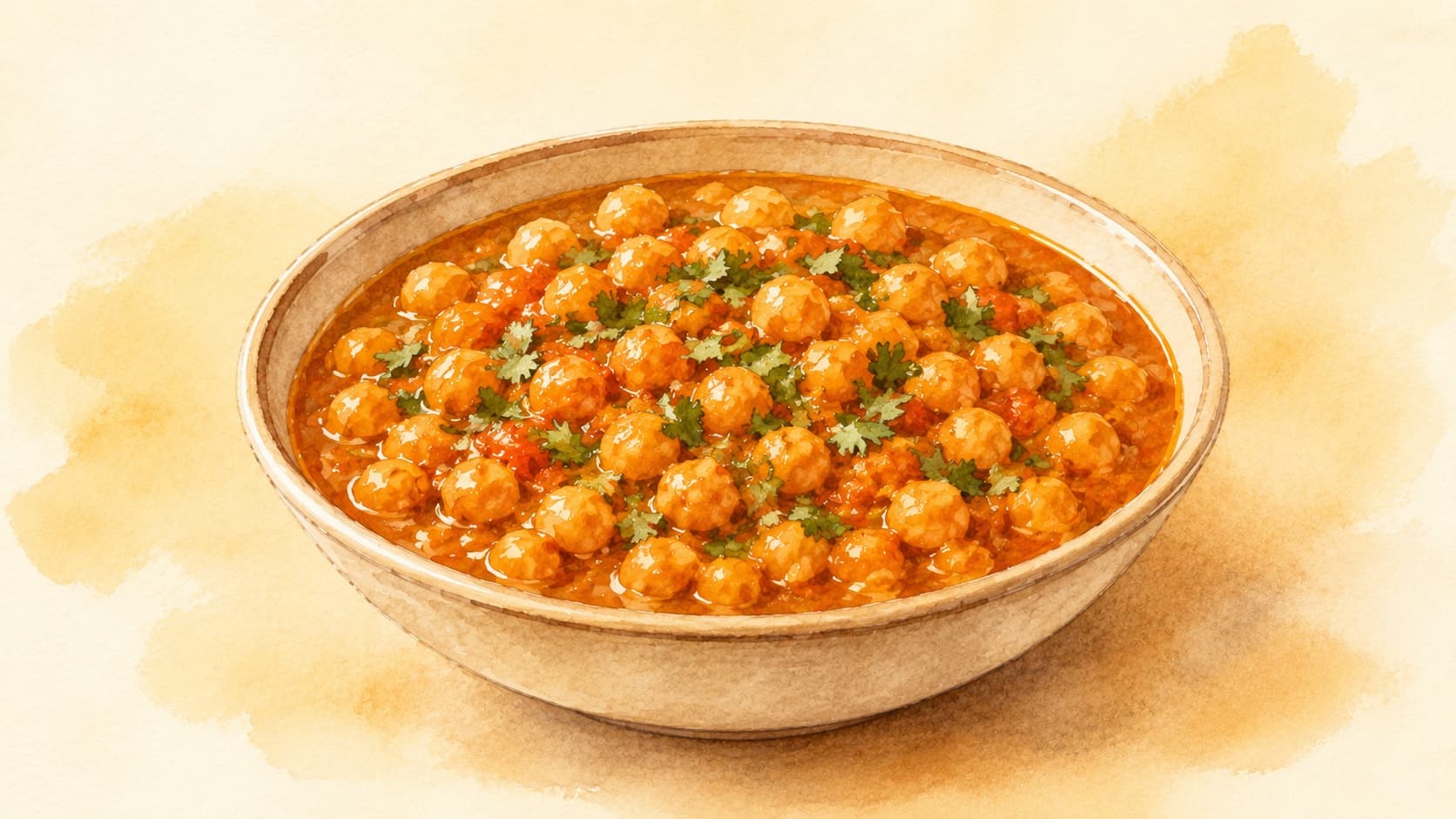 Chana Masala served with fresh cilantro and lemon.