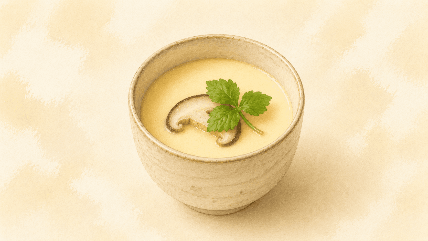 A lidded chawanmushi cup with the lid slightly ajar, revealing a smooth, barely-set pale egg custard with a single mitsuba leaf on top