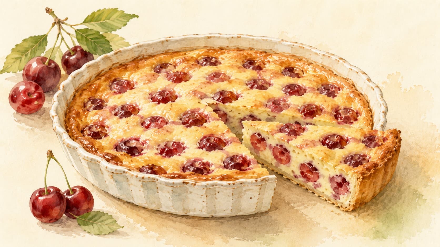 A beautifully baked cherry clafoutis with a golden top and vibrant red cherries visible.