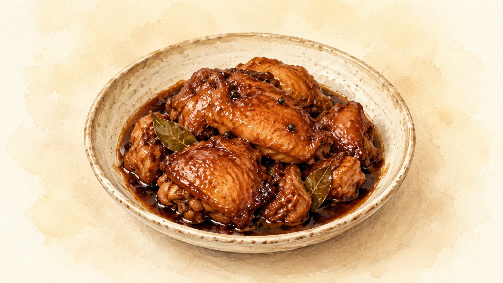 Dark soy-vinegar braised chicken pieces garnished with bay leaf and pepper.
