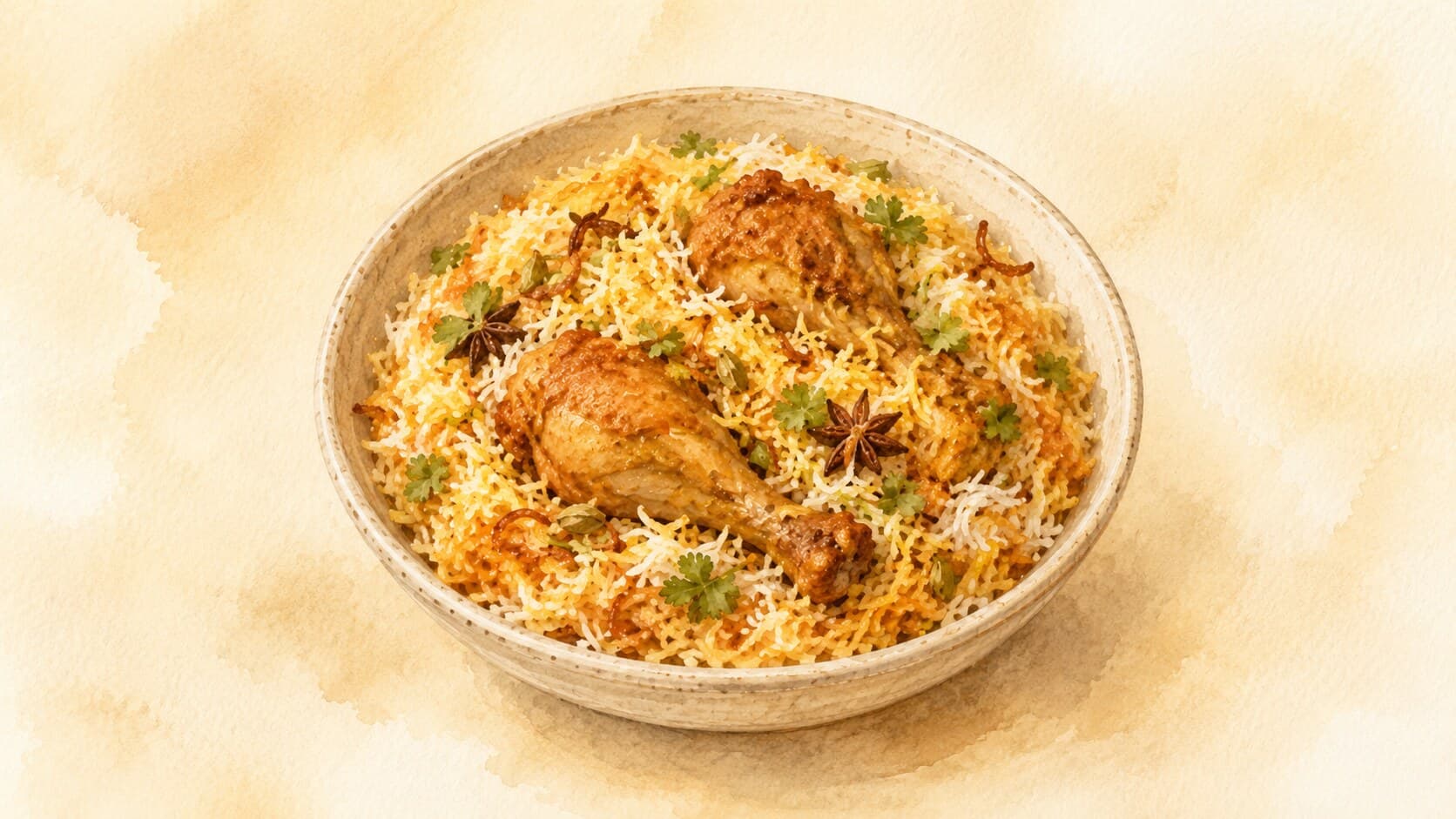 A vibrant serving of Chicken Biryani with saffron-tinted rice and tender chicken pieces.