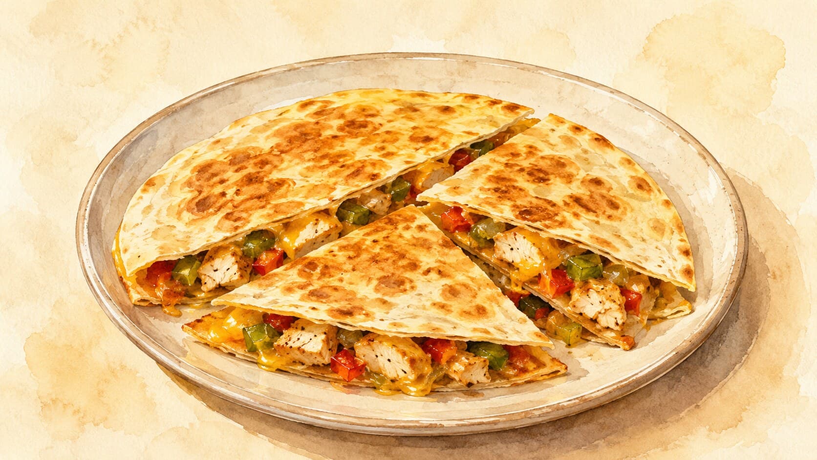 A watercolor illustration of chicken quesadilla wedges filled with chicken, bell peppers, and melted cheese.