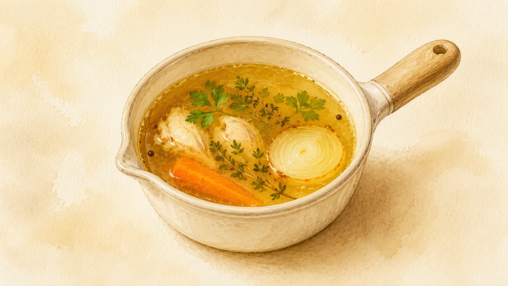 A watercolor illustration of a pot of simmering chicken stock with aromatic herbs and vegetables.
