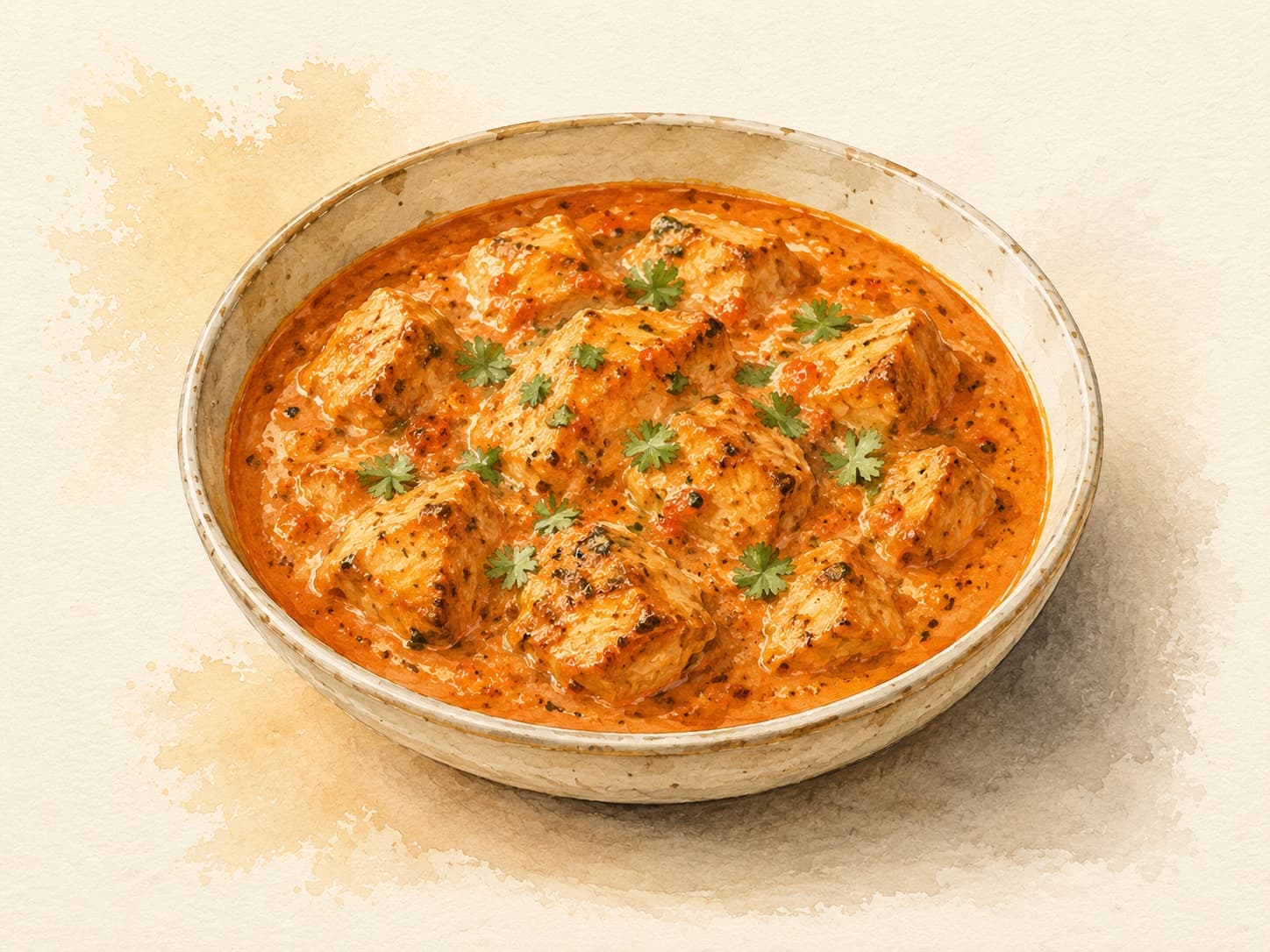 A vibrant plate of Chicken Tikka Masala with creamy sauce and garnished with fresh cilantro.
