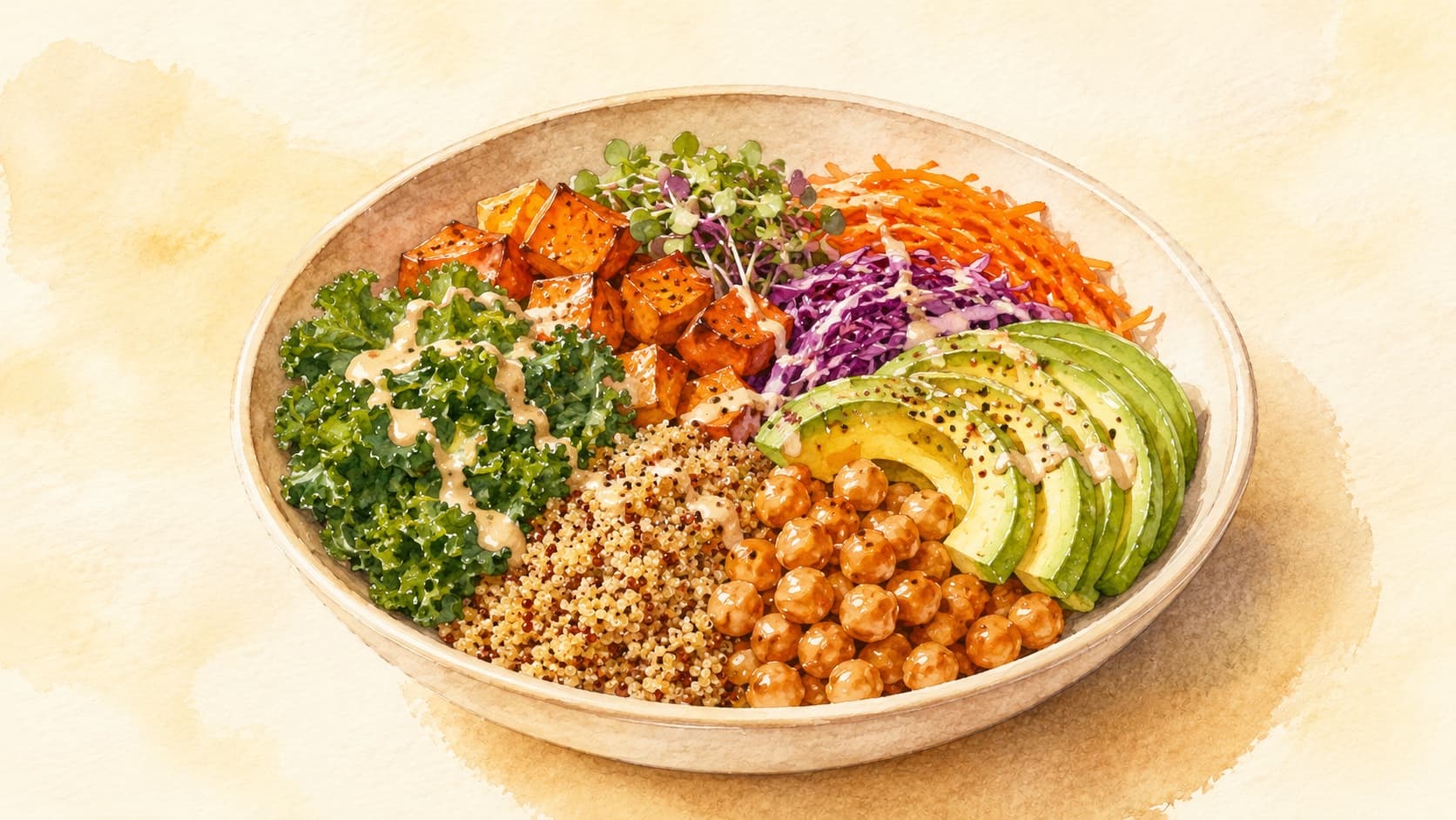A colorful chickpea grain bowl topped with fresh vegetables and a drizzle of tahini.