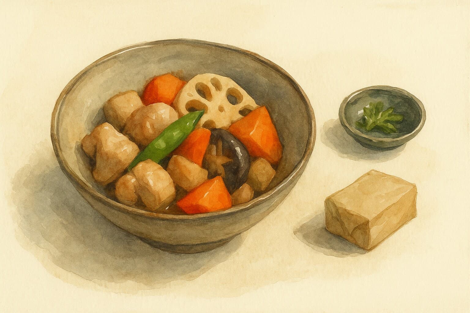 A family-style serving of Chikuzenni with chicken and various root vegetables in a dark soy-dashi reduction.