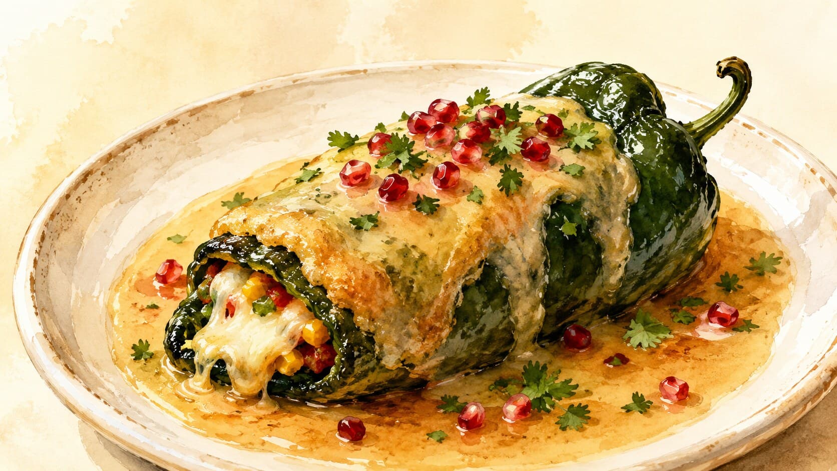 A plate of Chiles en Nogada showcasing stuffed poblano peppers with a rich walnut cream sauce and vibrant pomegranate seeds.