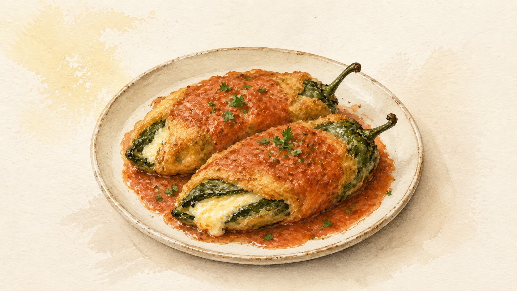 A vibrant plate of stuffed poblano peppers topped with rich tomato sauce.