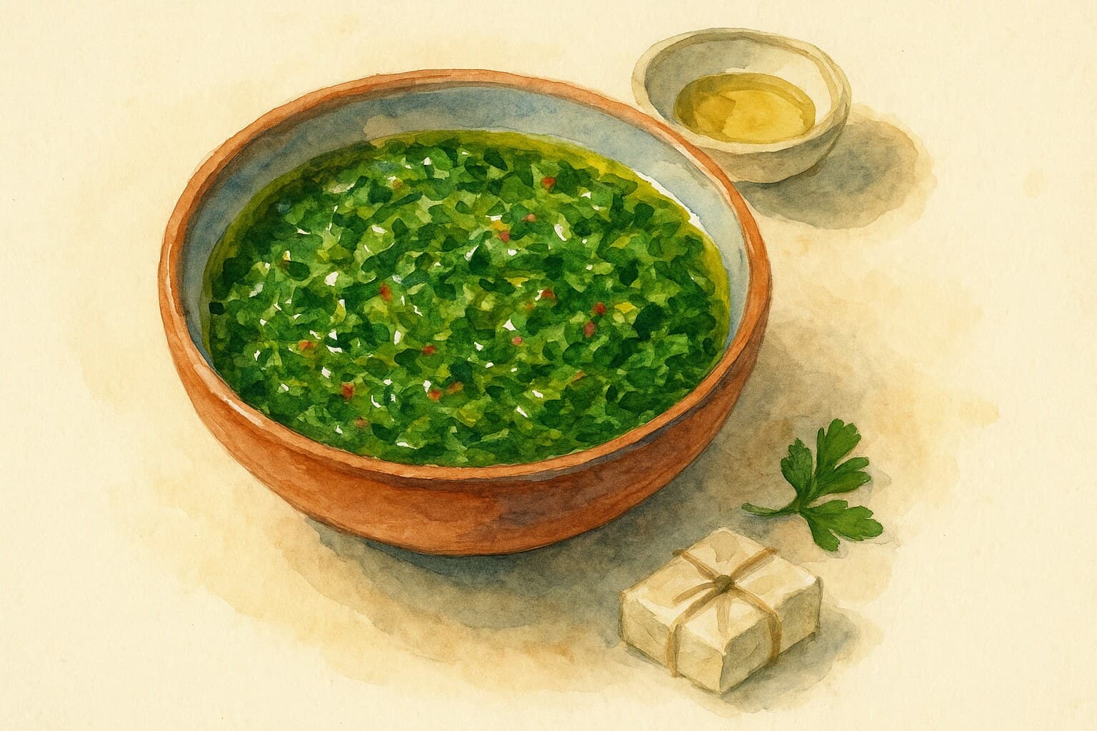 A vibrant bowl of chimichurri sauce with fresh herbs and garlic, surrounded by the ingredients used in its making.