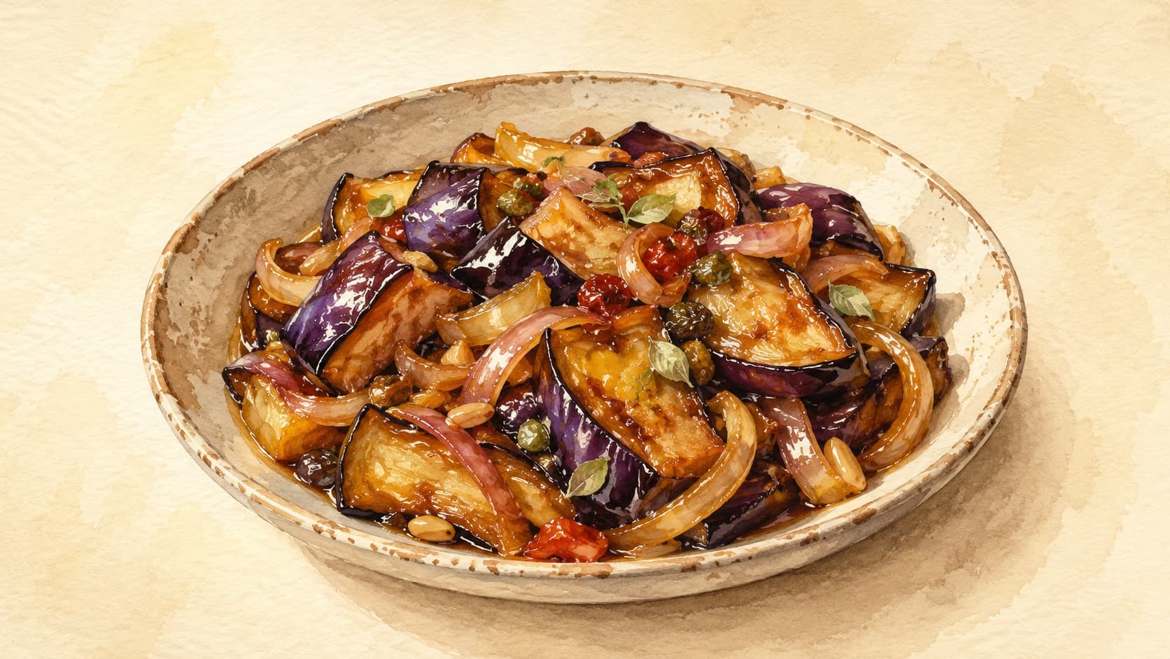 A vibrant watercolor illustration of Chinese Eggplant Stir-Fry with rich colors and textures highlighting the dish.