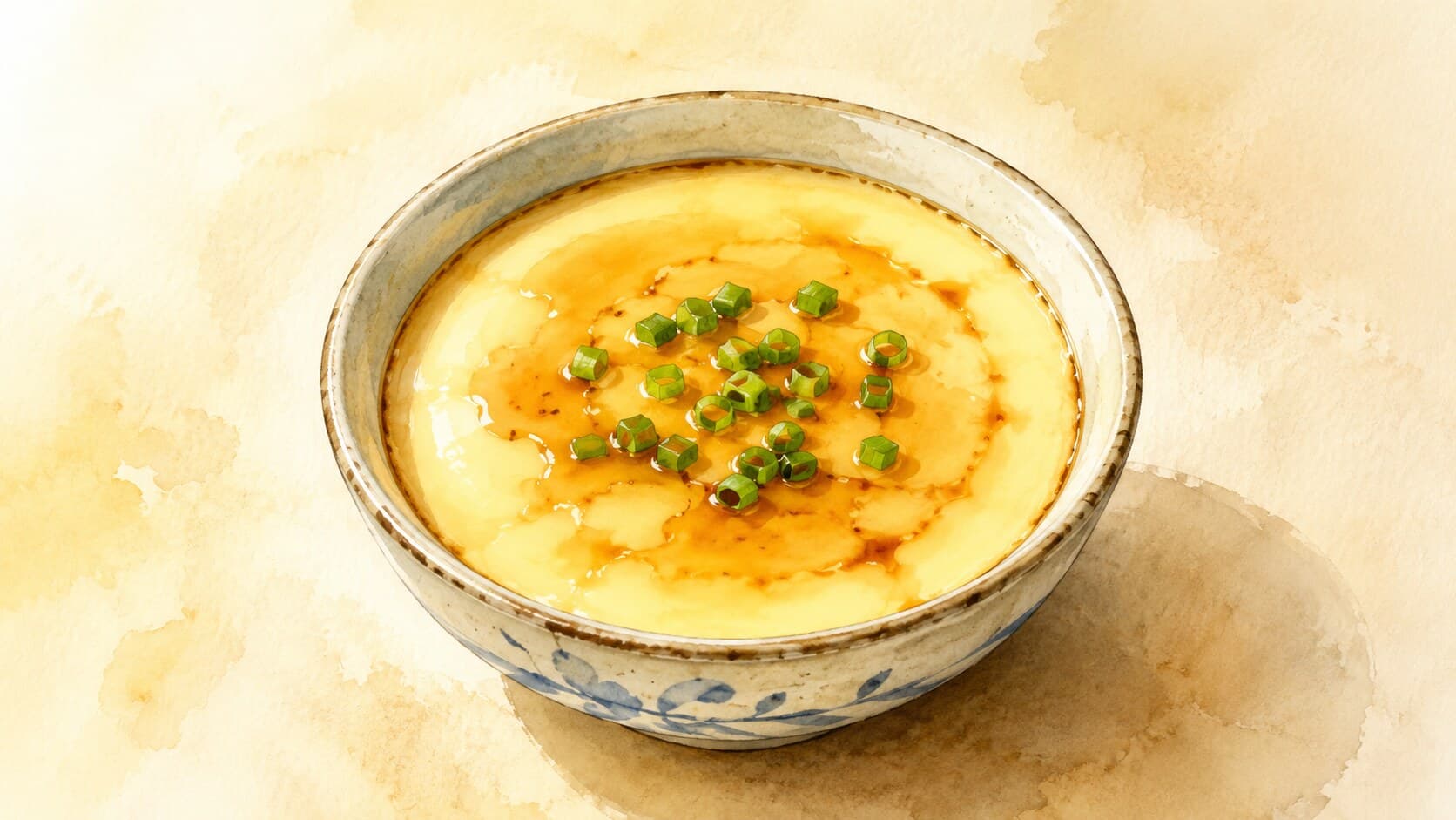 シルクのように滑らかな蒸し卵の表面に、醤油とごま油がかけられ、青ねぎが散らされています。