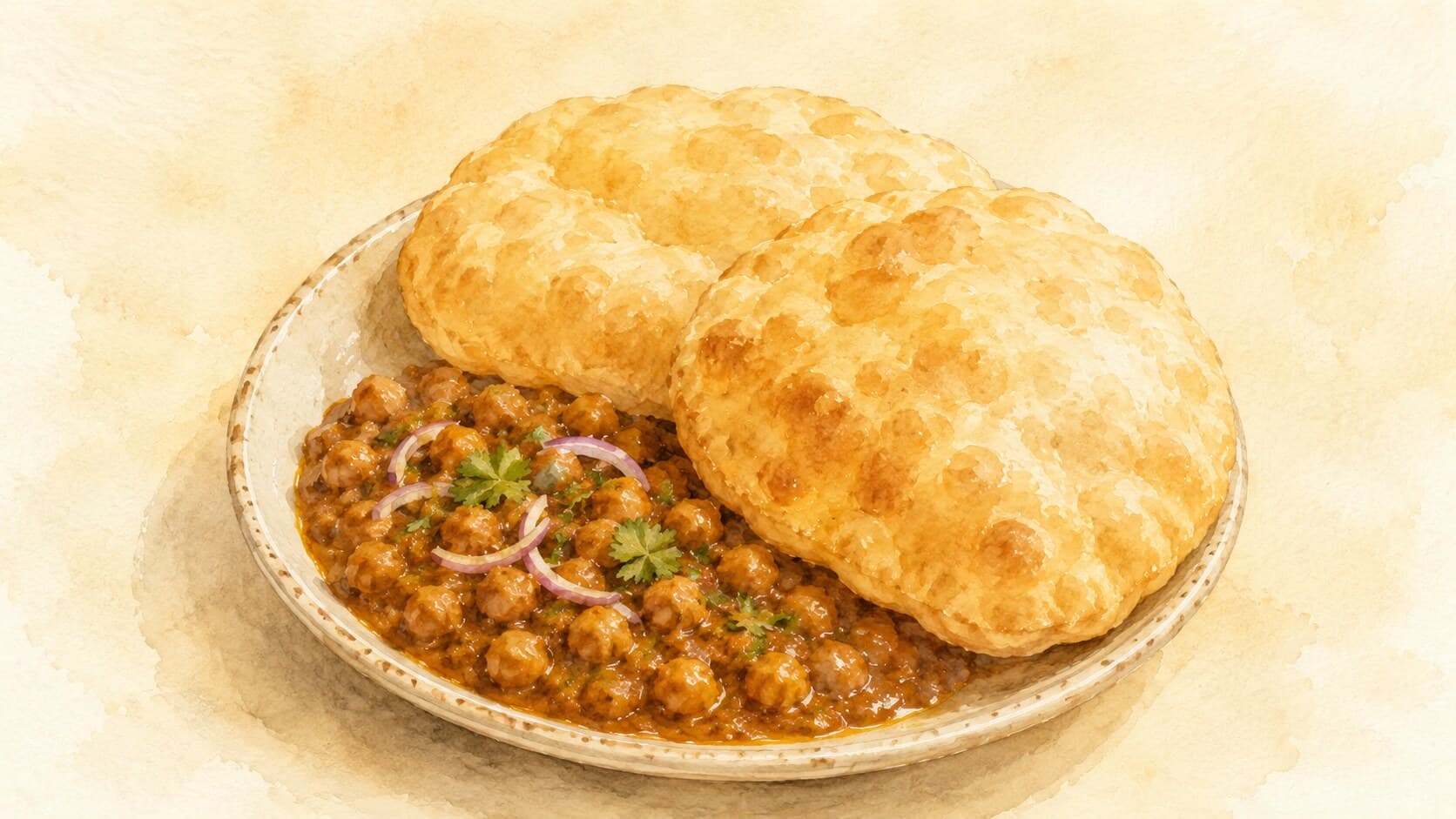 A bowl of spiced chickpea curry accompanied by two puffed deep-fried breads.