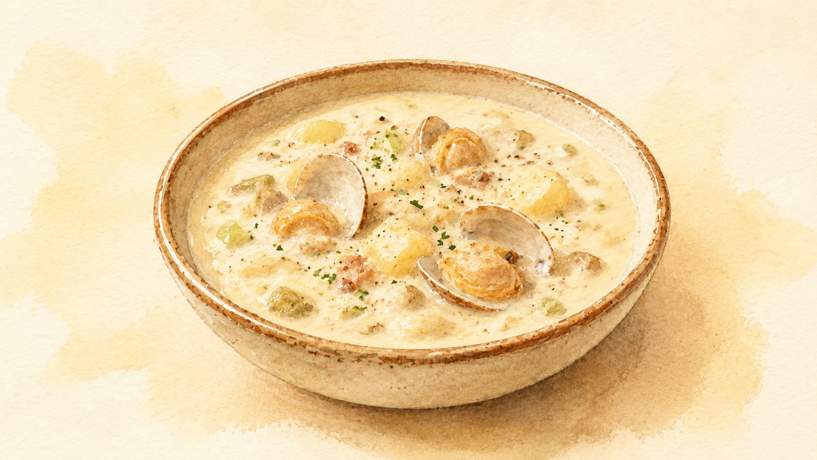 A rich, creamy bowl of clam chowder topped with parsley.