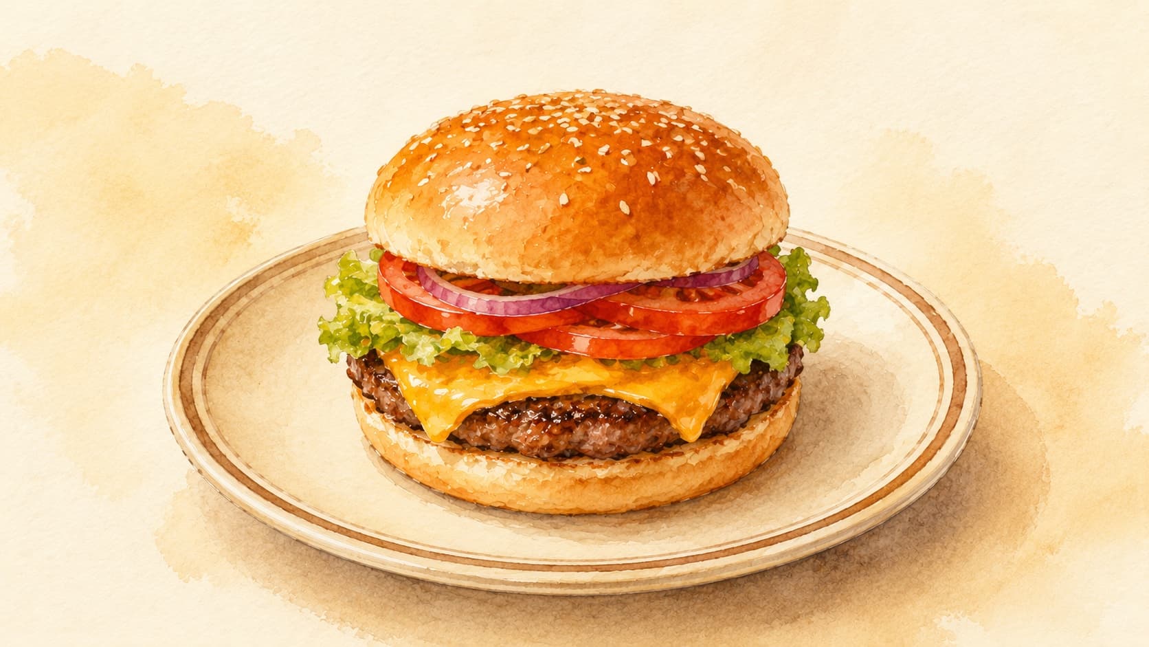 A juicy cheeseburger with melted cheese, fresh lettuce, and ripe tomatoes on a toasted bun.