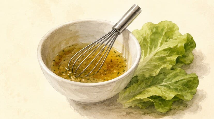 A small ceramic bowl of pale-amber vinaigrette with a whisk resting beside it