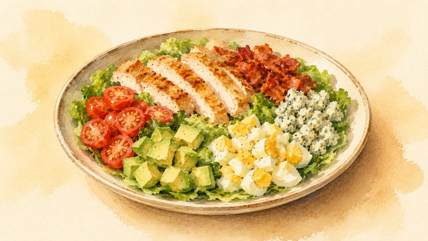 A vibrant plate of Cobb salad with colorful layers of ingredients.