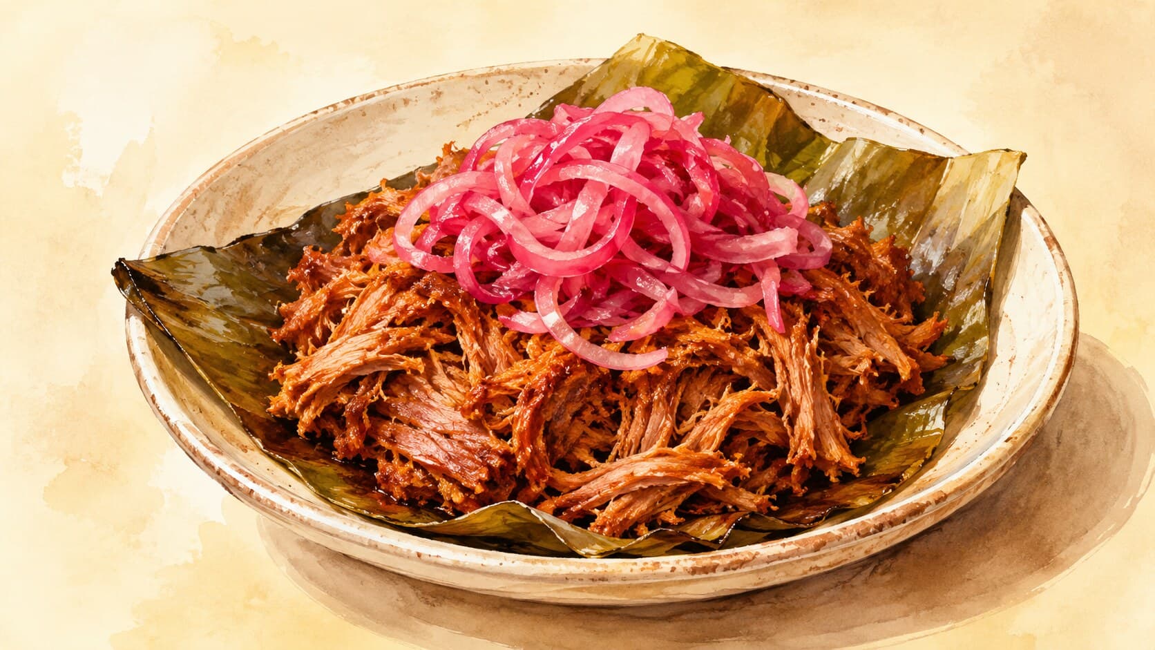 Shredded pork served on a banana leaf with vibrant pickled red onions on top.