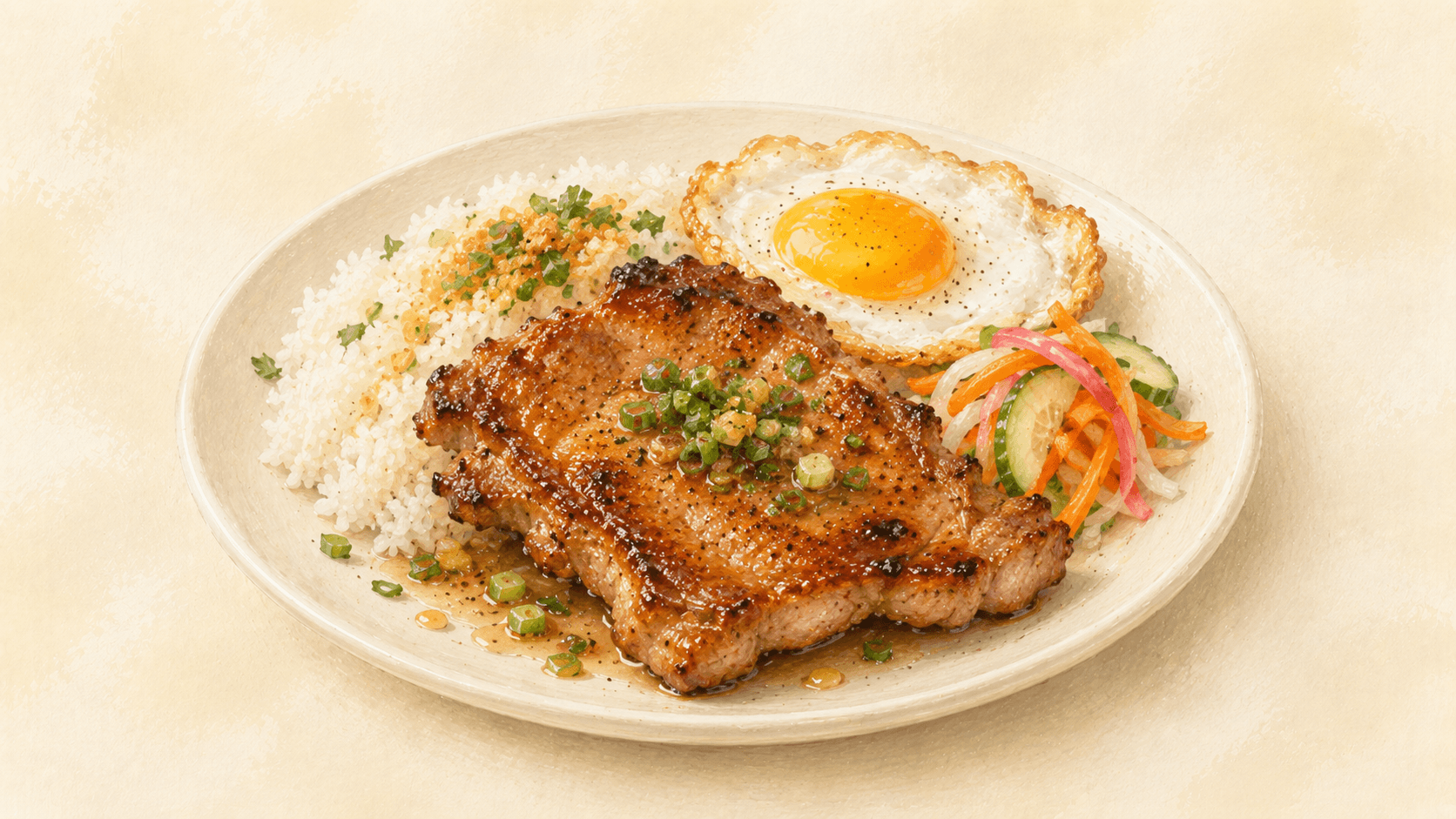 A plate of broken rice with a caramelized pork chop alongside, egg-pork cake, pickled daikon and carrot, cucumber slices, and visible spring onion oil on the rice