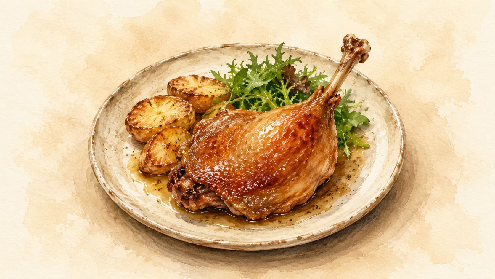 A crisp-skinned duck leg served with golden roasted potatoes and frisée lettuce.