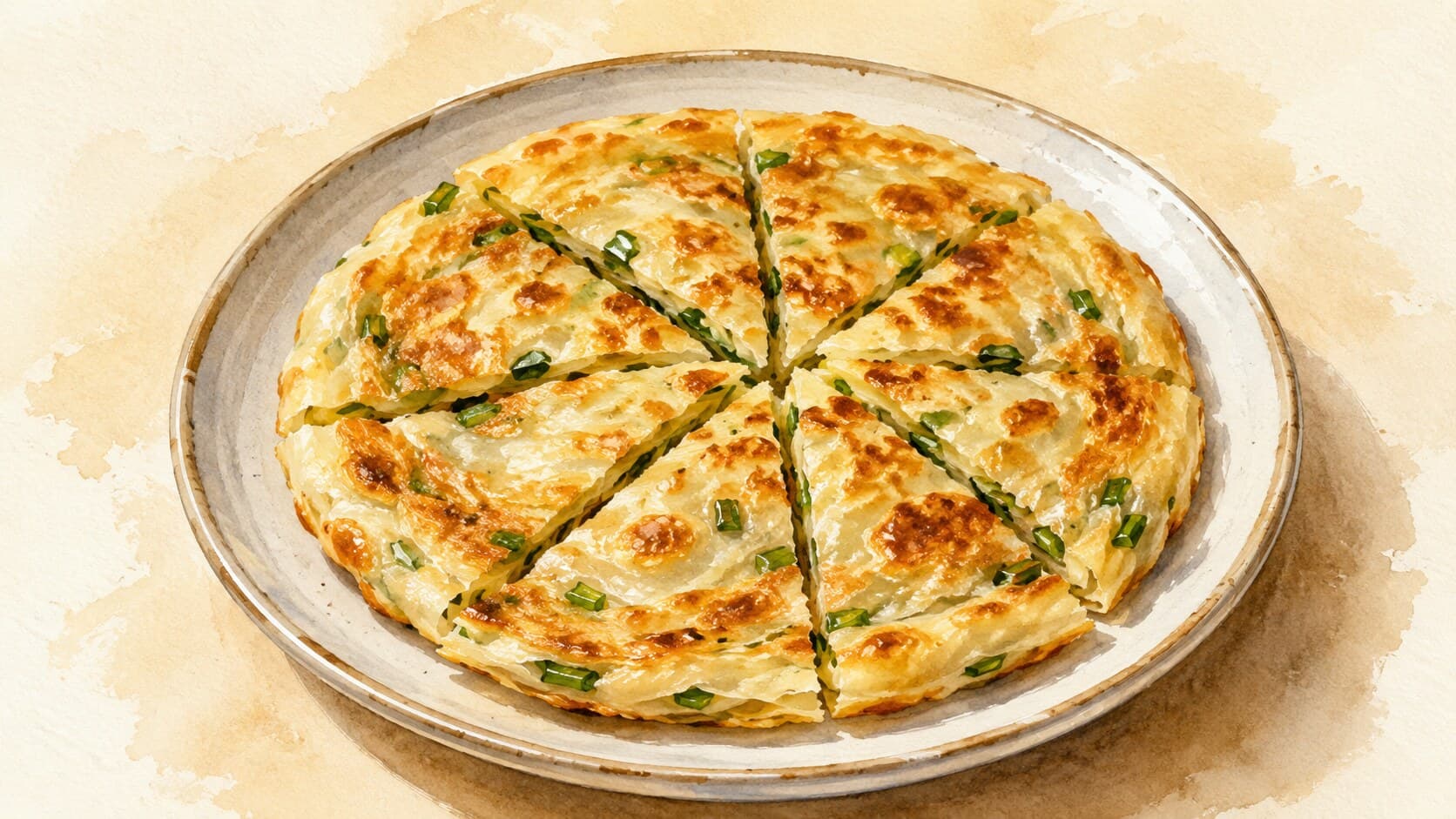 A round golden flaky pancake cut into wedges, showcasing layered scallion-oil striations and scattered green scallion specks.
