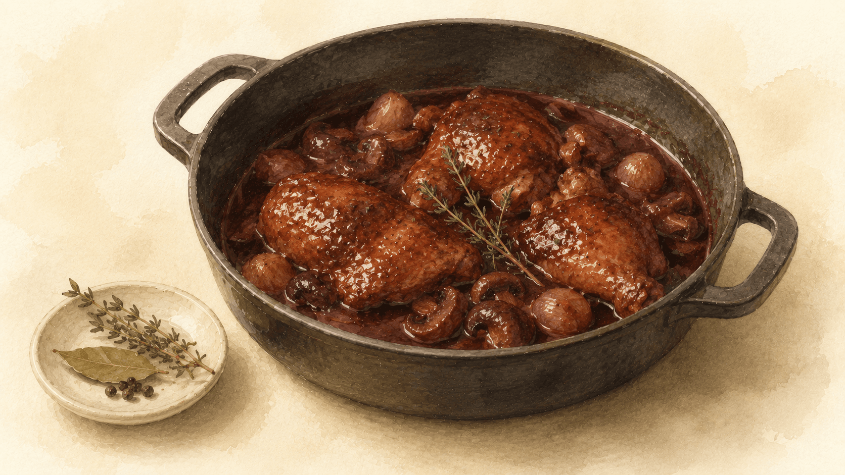 A deep-colored coq au vin in a dark braising pot, with pearl onions, mushrooms, and lardons visible through the glossy red wine sauce