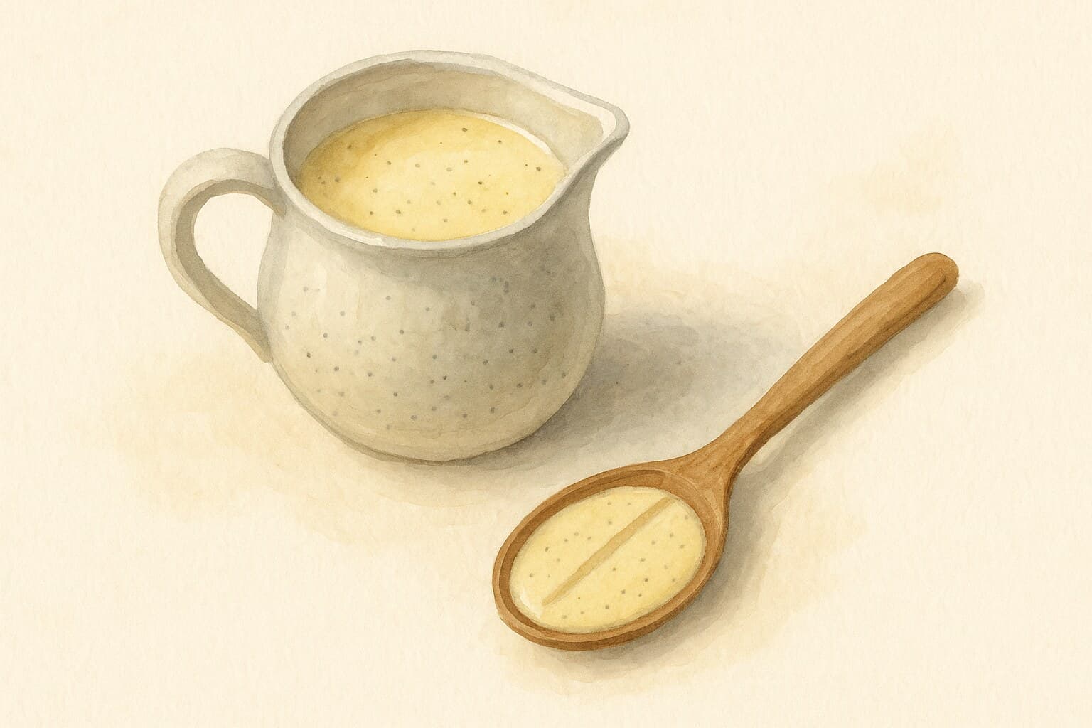 A small white ceramic pitcher of pale vanilla-yellow crème anglaise with visible black vanilla bean specks, beside a wooden spoon coated in the sauce with a clean finger-drawn line through it