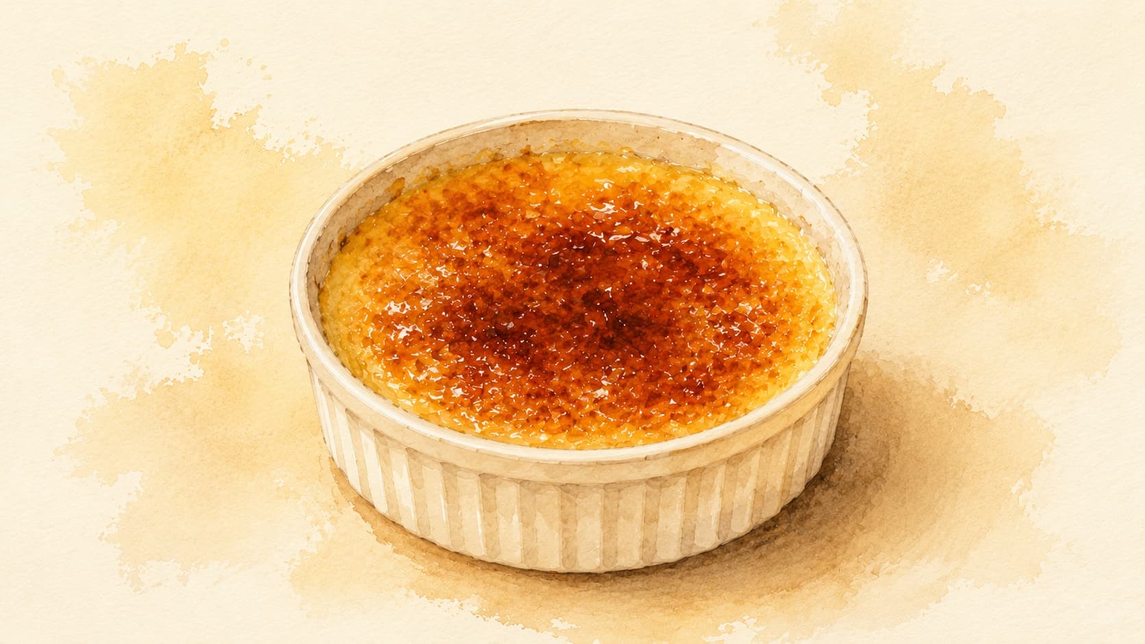 An elegant serving of crème brûlée with a caramelized top and delicate vanilla garnishes.