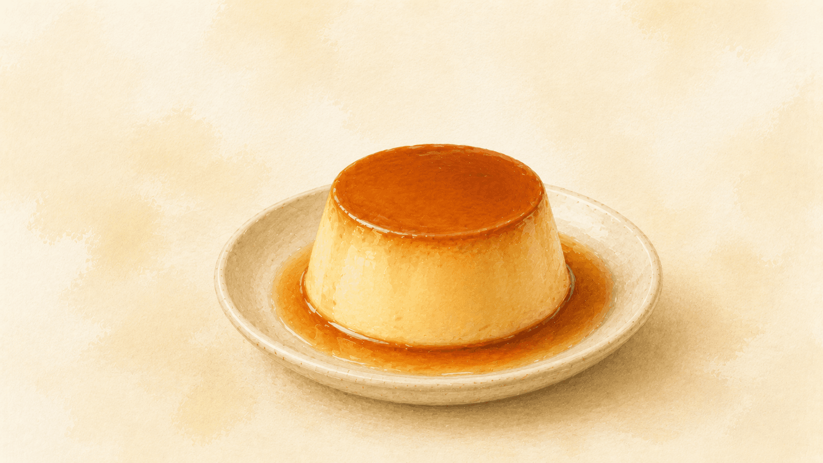 An unmolded crème caramel on a small white plate, with a pool of amber caramel flowing from its smooth, pale surface