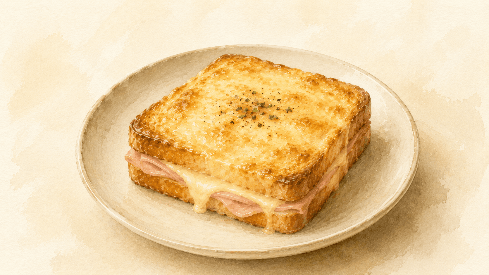 Two croque monsieur sandwiches on a wooden board, golden-brown top with bubbling Gruyère, béchamel visible at the edges