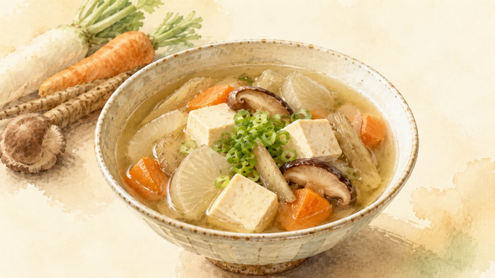 A beautifully arranged bowl of simmered daikon and pork, showcasing rich colors and textures.