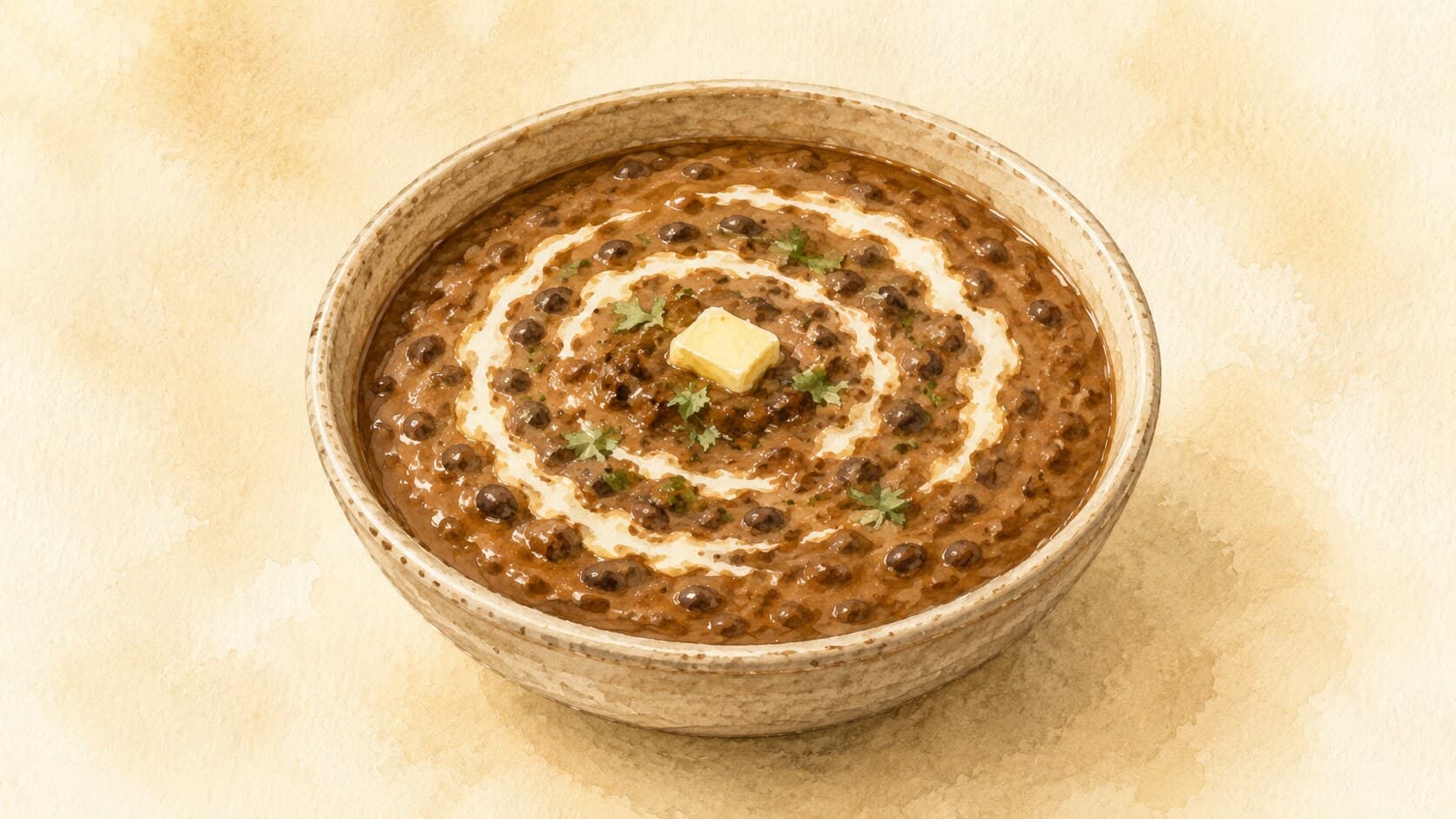A deep brown lentil-and-bean stew with a swirl of butter and cream, served in a clay bowl.