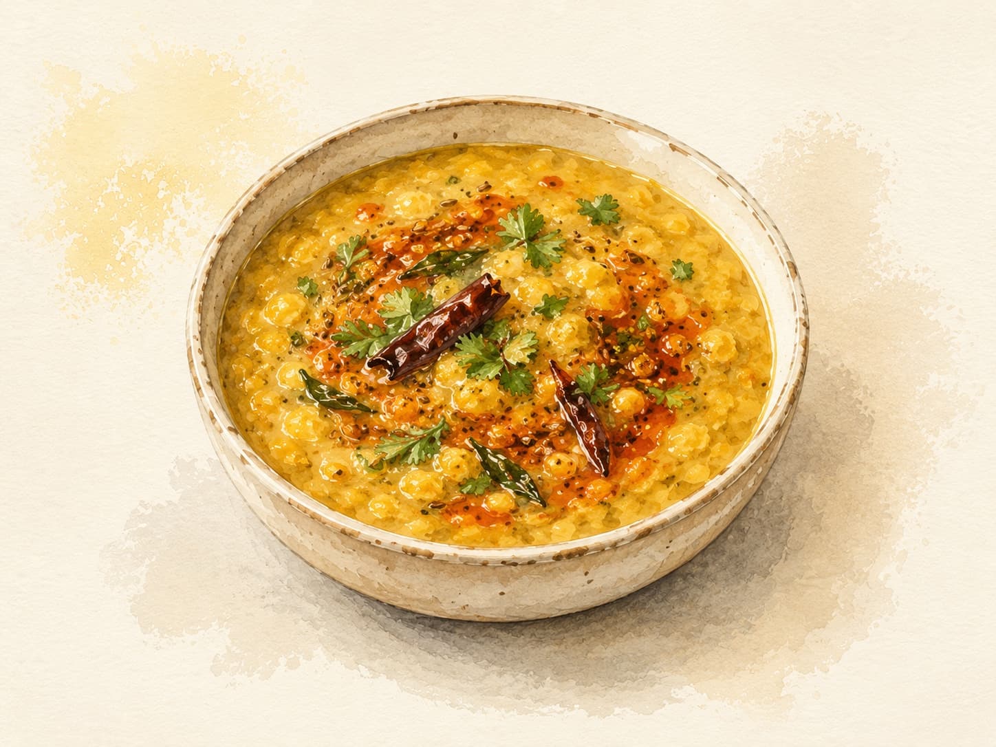 A bowl of yellow lentils garnished with fresh cilantro and spices.