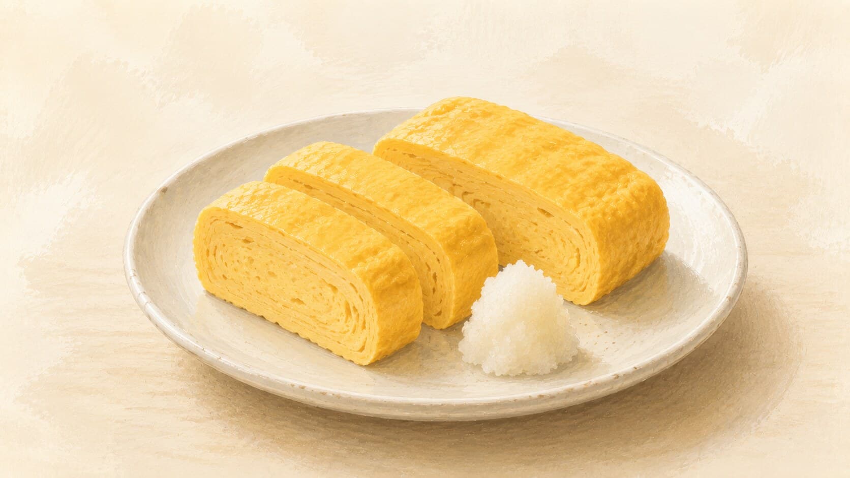 A rolled dashimaki tamago, cut into three cross-sections showing the layered interior, on a small dark plate with grated daikon and a few drops of soy