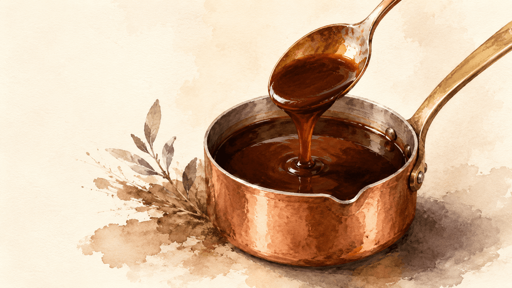 A small copper saucepan of dark mahogany demi-glace, coating the back of a wooden spoon with a thick, glossy layer