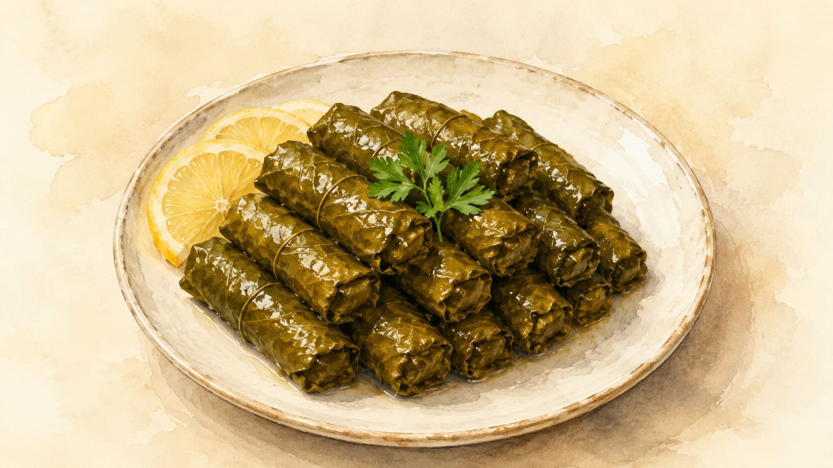 Grape leaves wrapped around a fragrant rice mixture, garnished with herbs.