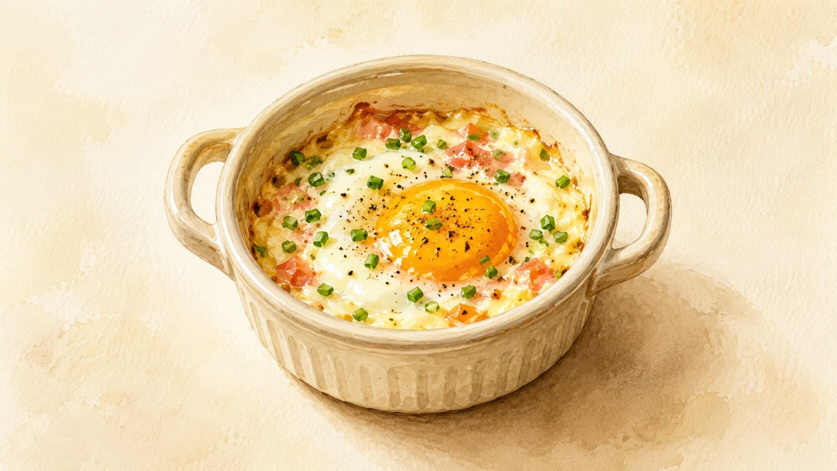 A beautifully presented dish of Eggs En Cocotte featuring baked eggs nestled with vibrant vegetables.