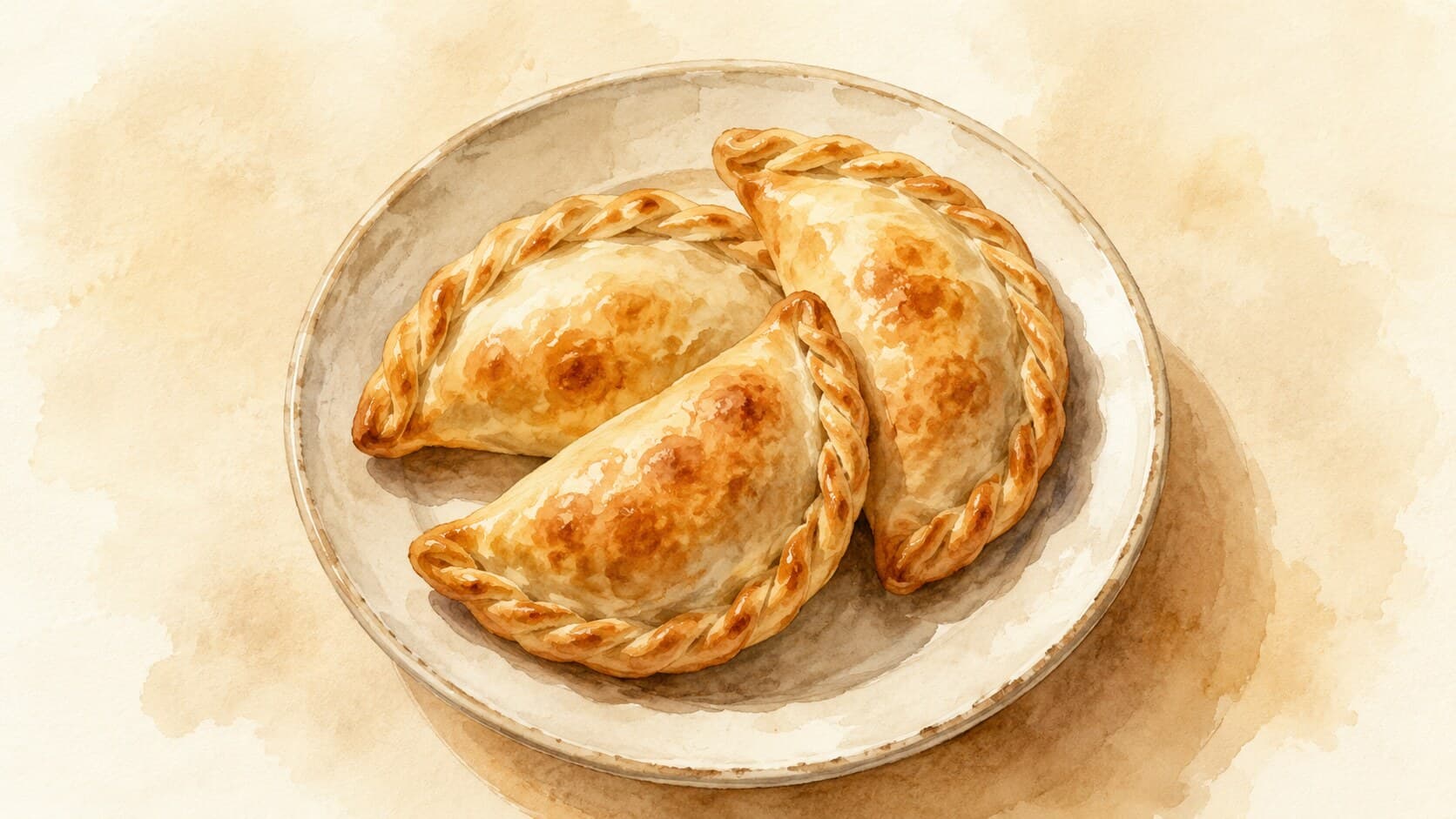 A tray of half-moon Argentine empanadas showcasing hand-twisted repulgue edges and a golden crust.