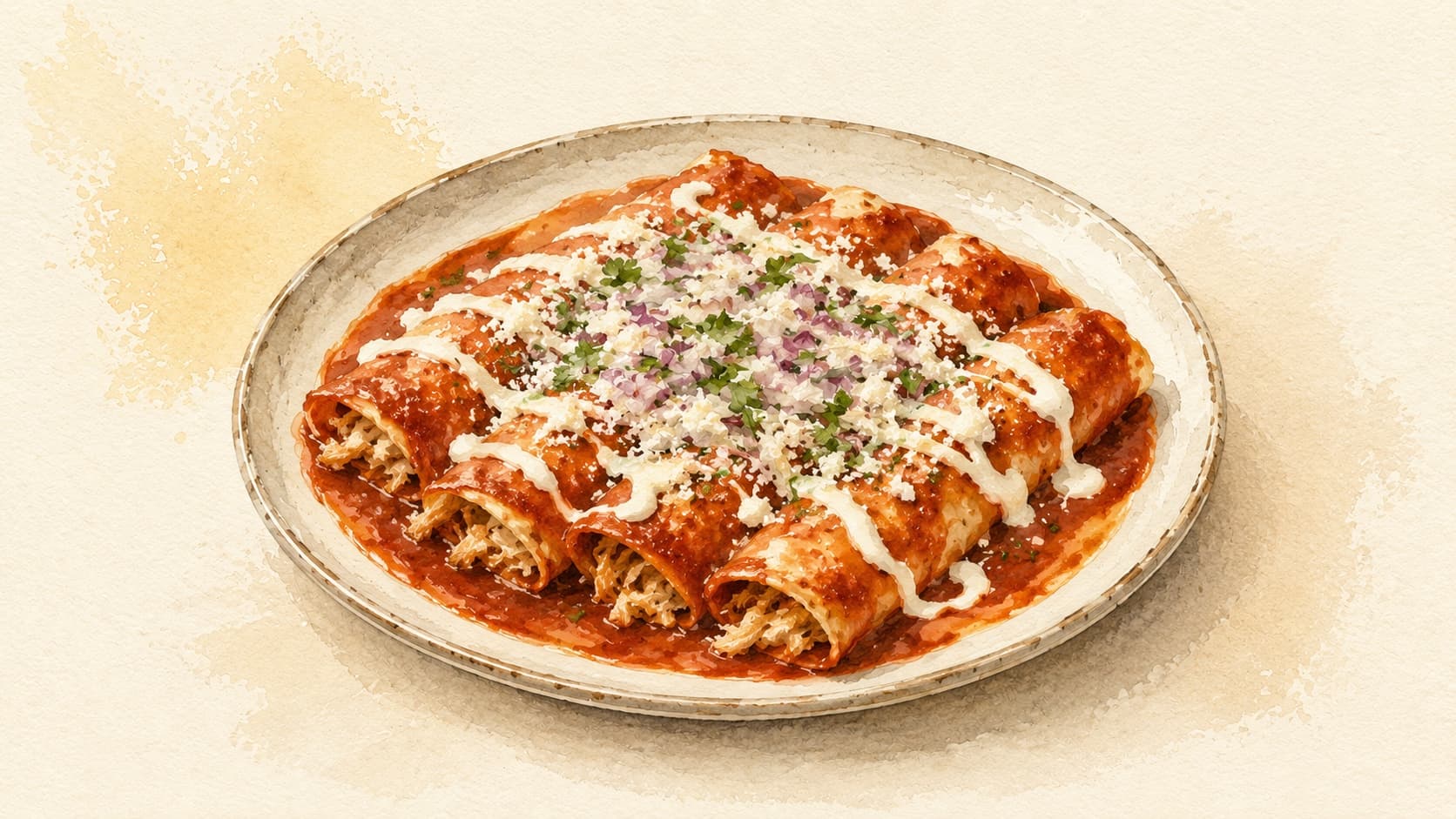 Bright red enchiladas topped with cheese and fresh cilantro.