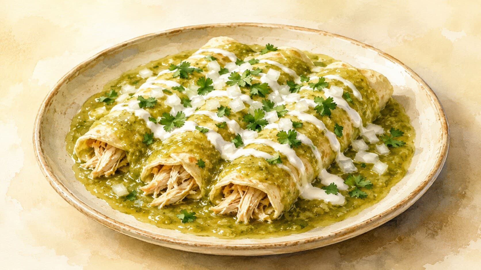 A plate of enchiladas verdes topped with crema and cilantro, showcasing rolled tortillas in green tomatillo sauce.