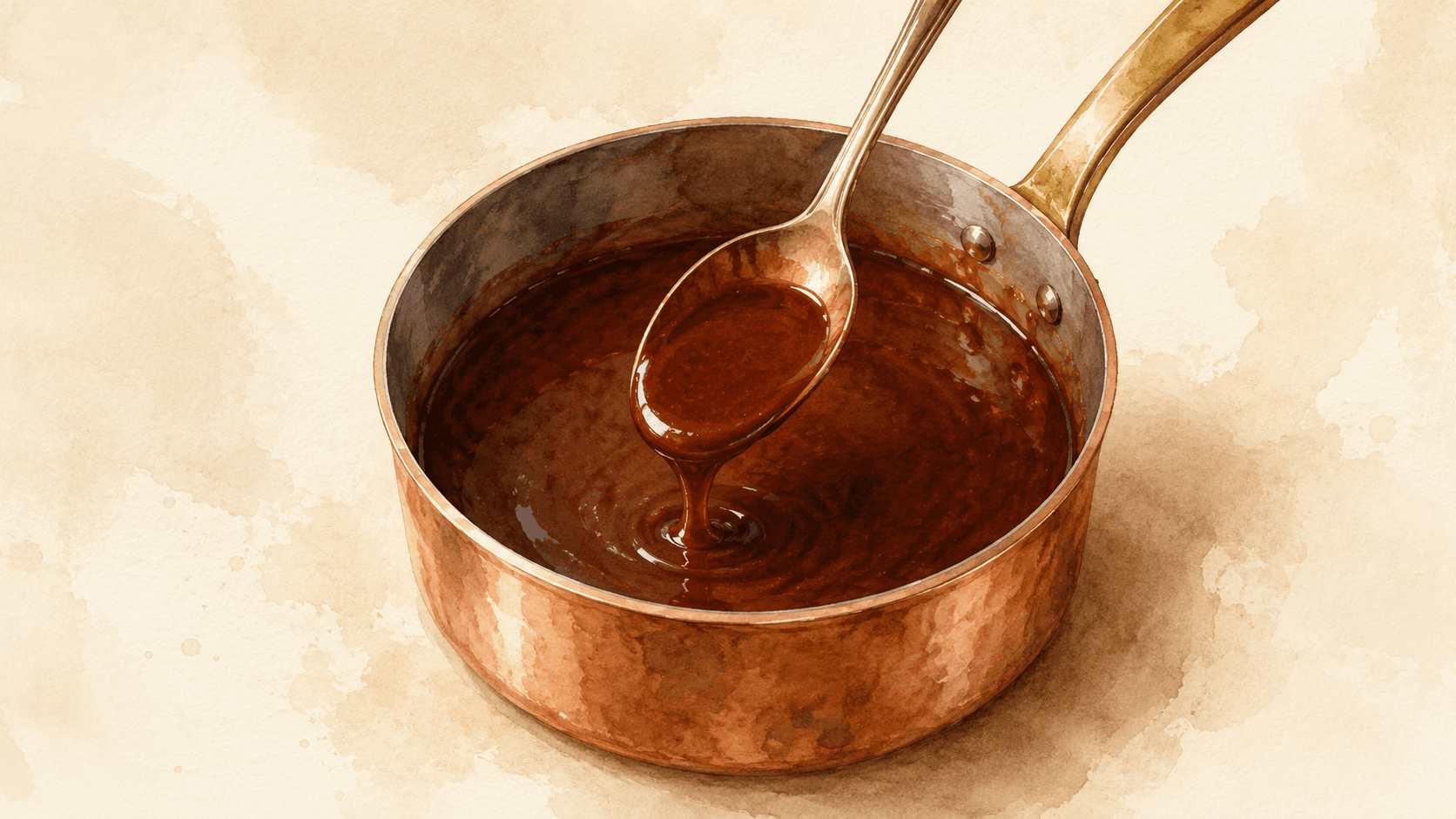 A deep mahogany espagnole sauce in a small stainless ladle, with a glossy surface and dense texture