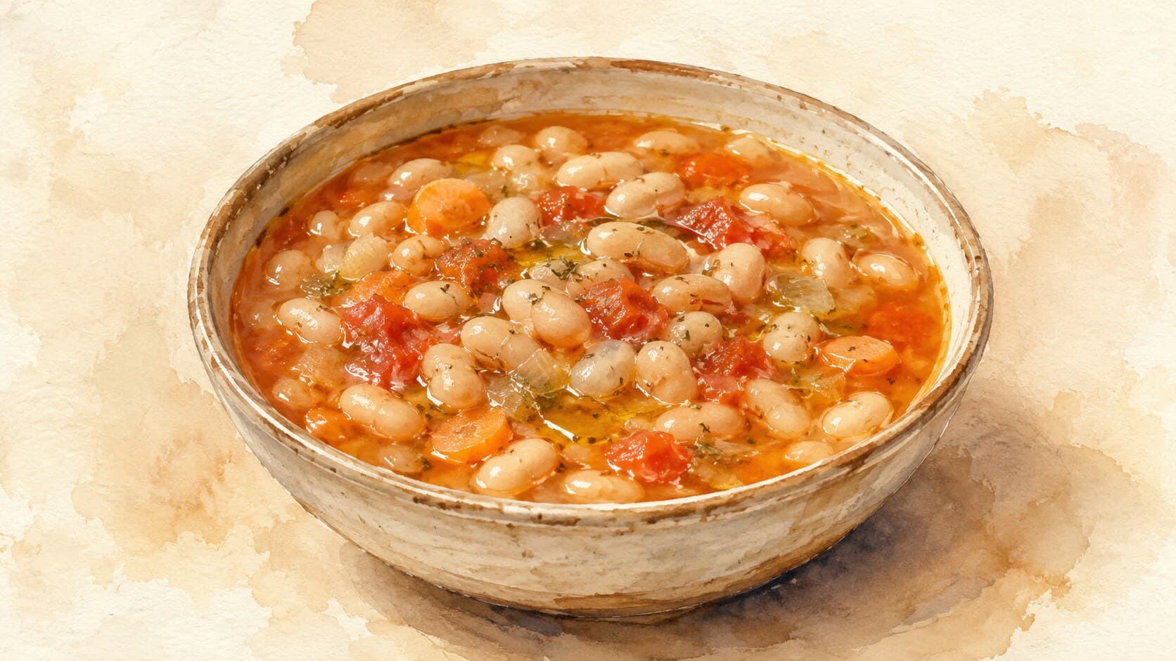 A deep terracotta bowl filled with golden-orange Greek bean soup, showcasing visible white navy beans and carrot rounds garnished with parsley.