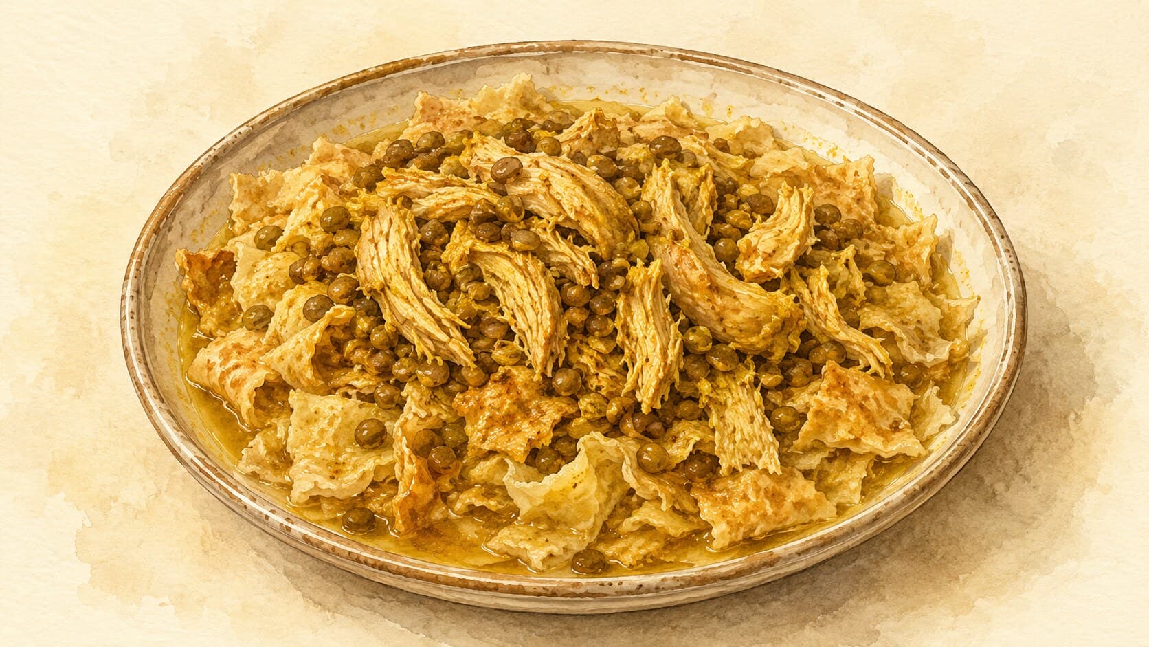 A wide platter of shredded spiced chicken over crisp toasted pita pieces and chickpeas, drizzled with white tahini-yogurt sauce, scattered with toasted pine nuts and parsley.