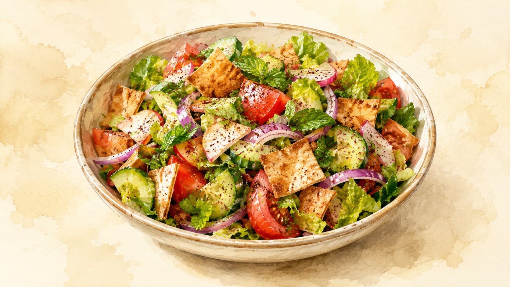 A wide bowl filled with colorful Lebanese fattoush salad topped with toasted pita and fresh herbs.