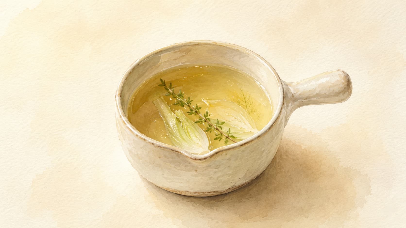 An artistic watercolor illustration of a pot of fennel stock surrounded by fresh fennel bulbs and herbs.