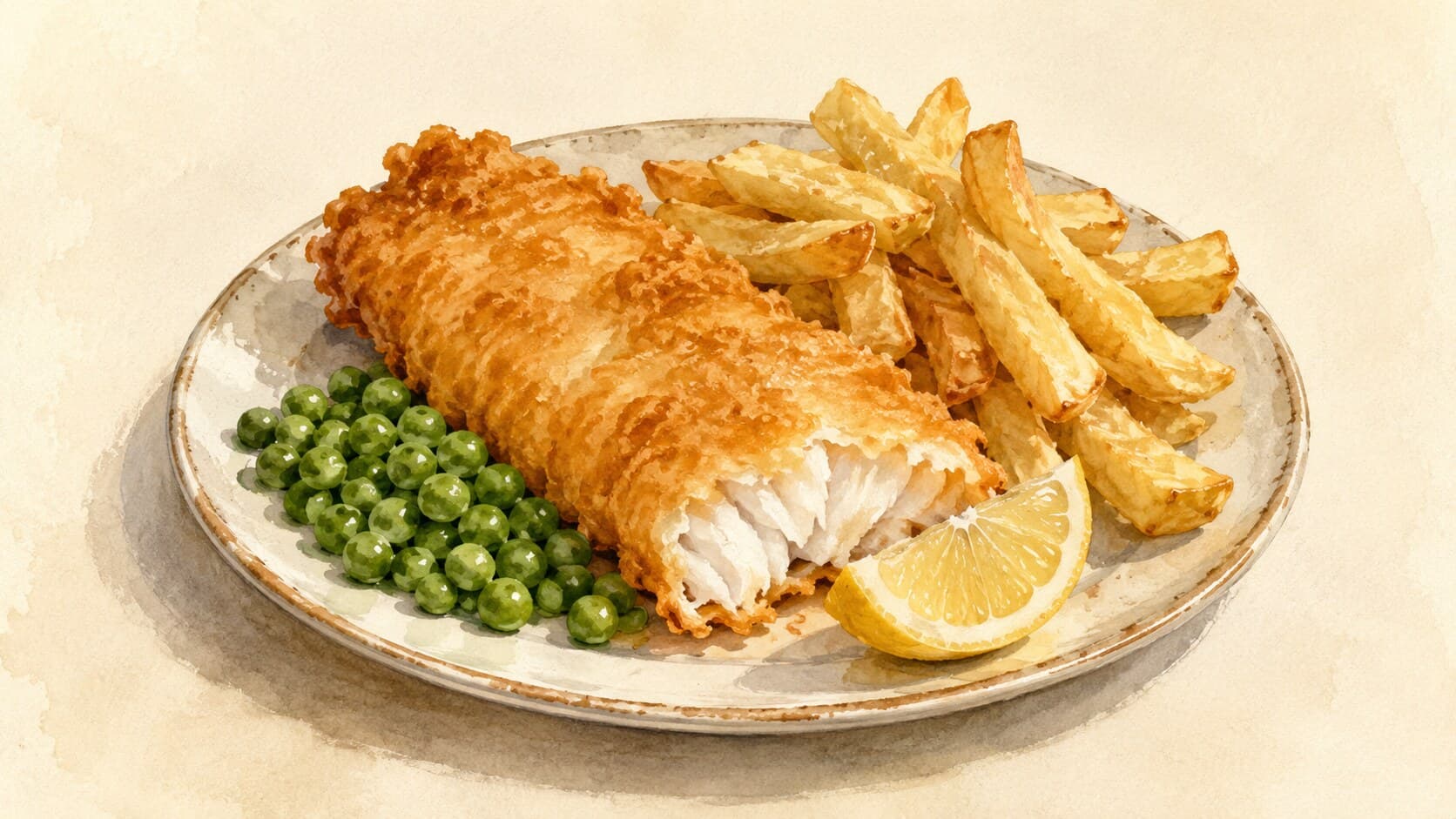 A beautifully plated fish and chips dish with golden-battered fish fillet, thick-cut chips, mushy peas, and a lemon wedge.